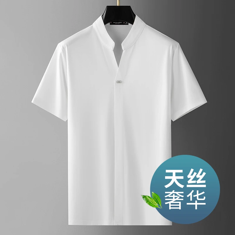 天丝奢华 V领T恤男夏季薄款单粒扣衬衫体恤男抗皱垂感上衣男装