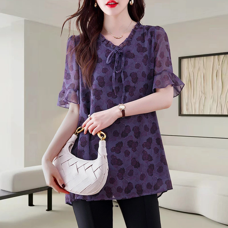 中长款紫色碎花雪纺衫女士2025新款洋气宽松显瘦遮肚百搭短袖上衣