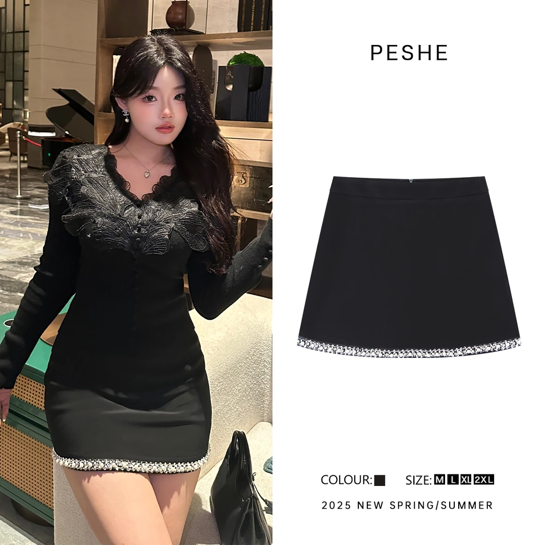 PESHE大码女装【立体钉珠】2025早春新品高腰修身半身裤裙DM1242