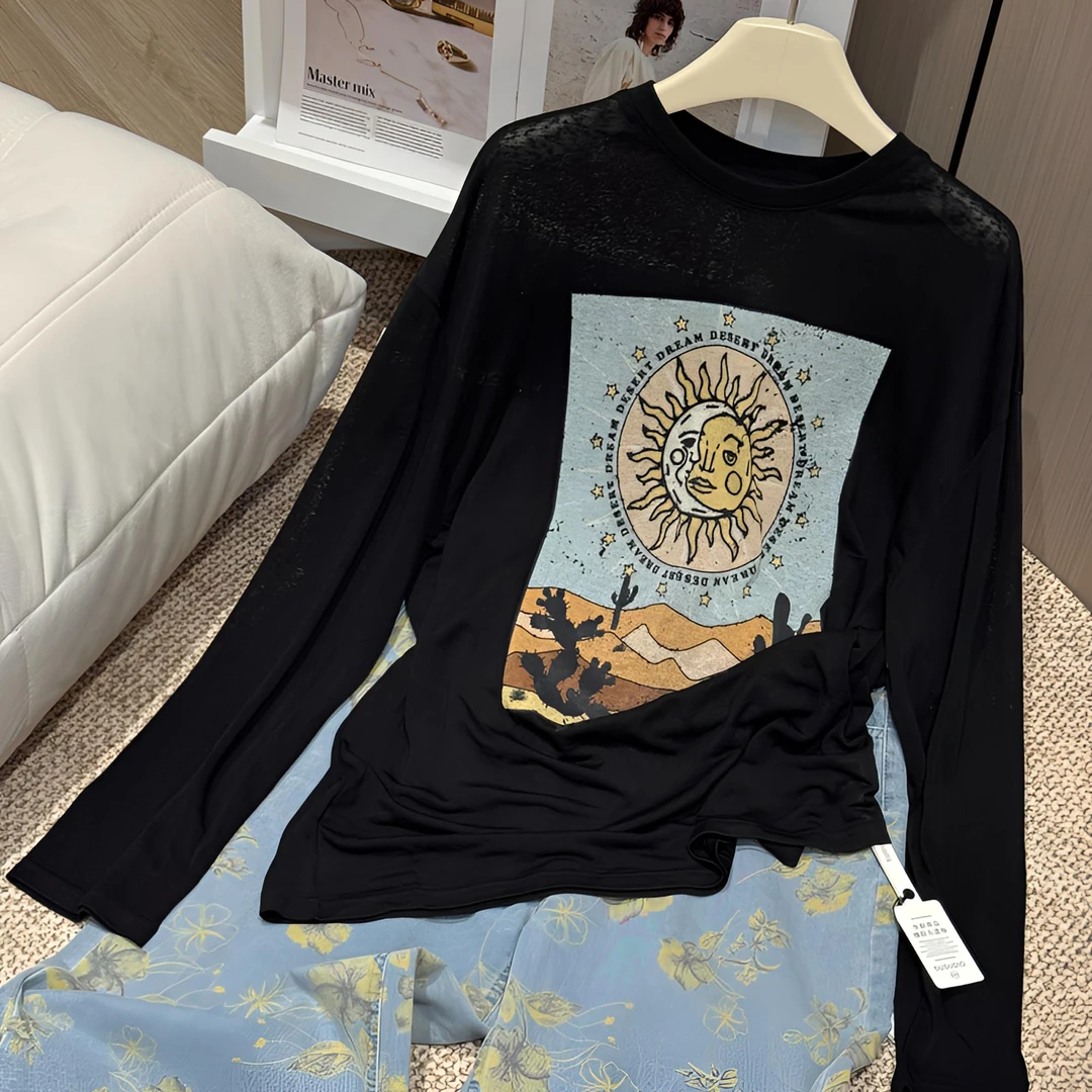 圆领夏季轻奢日月太阳T恤款油画风T休闲潮流时尚女显瘦上衣DP6546