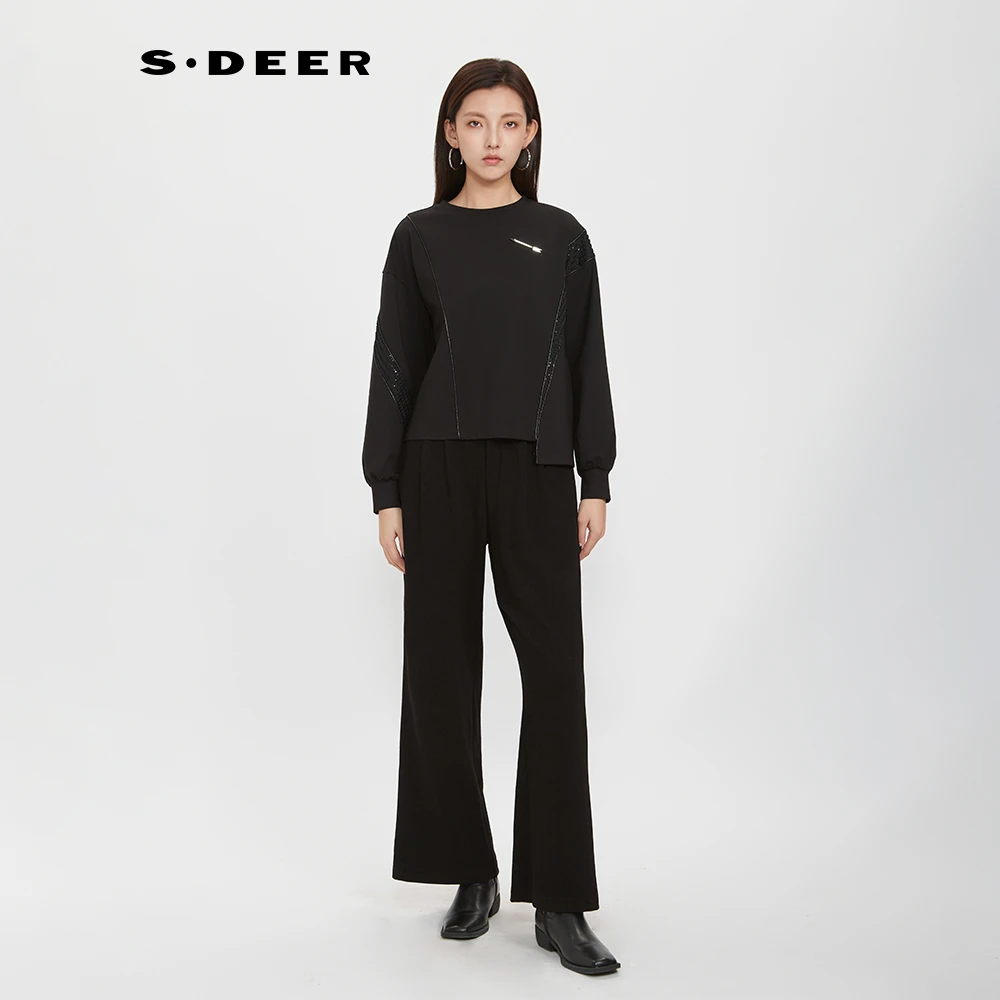 S·DEER圣迪奥简约时尚休闲圆领宽松拼接百搭黑色卫衣S244Z3301