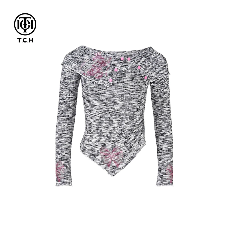 TCH现货烫钻工艺小熊设计感灰色针织衫女T75A09E5031轻奢tch上衣