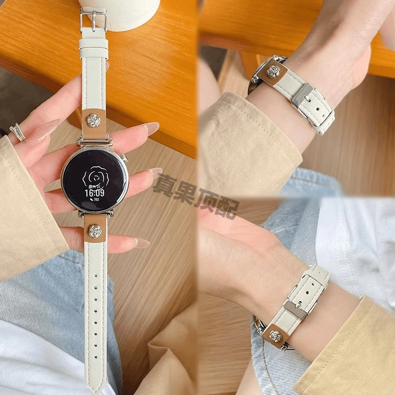 适用华为gt5手表表带gt4/3pro细款真皮质贴山茶花watch3/4女款ins