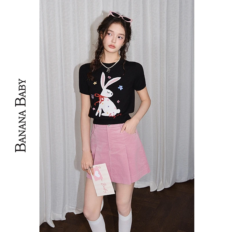 BANANA BABY2025年夏新款甜美提花刺绣针织女短袖D2F3MY501