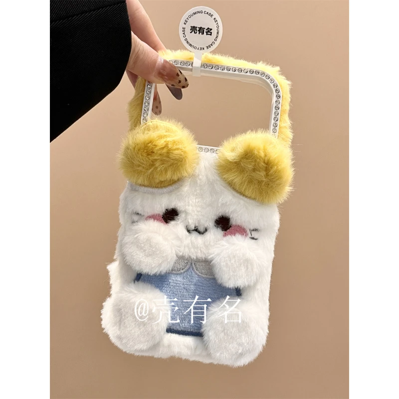 可爱闪钻镜毛绒棉花糖猫咪挂绳适用苹果17手机壳iPhone16/15/14软