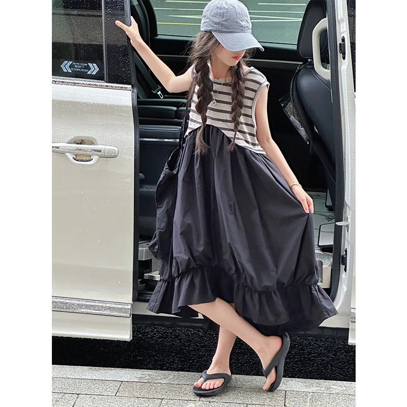 K29240孙小美条纹拼接女童夏装连衣裙2025儿童裙子女孩背心裙