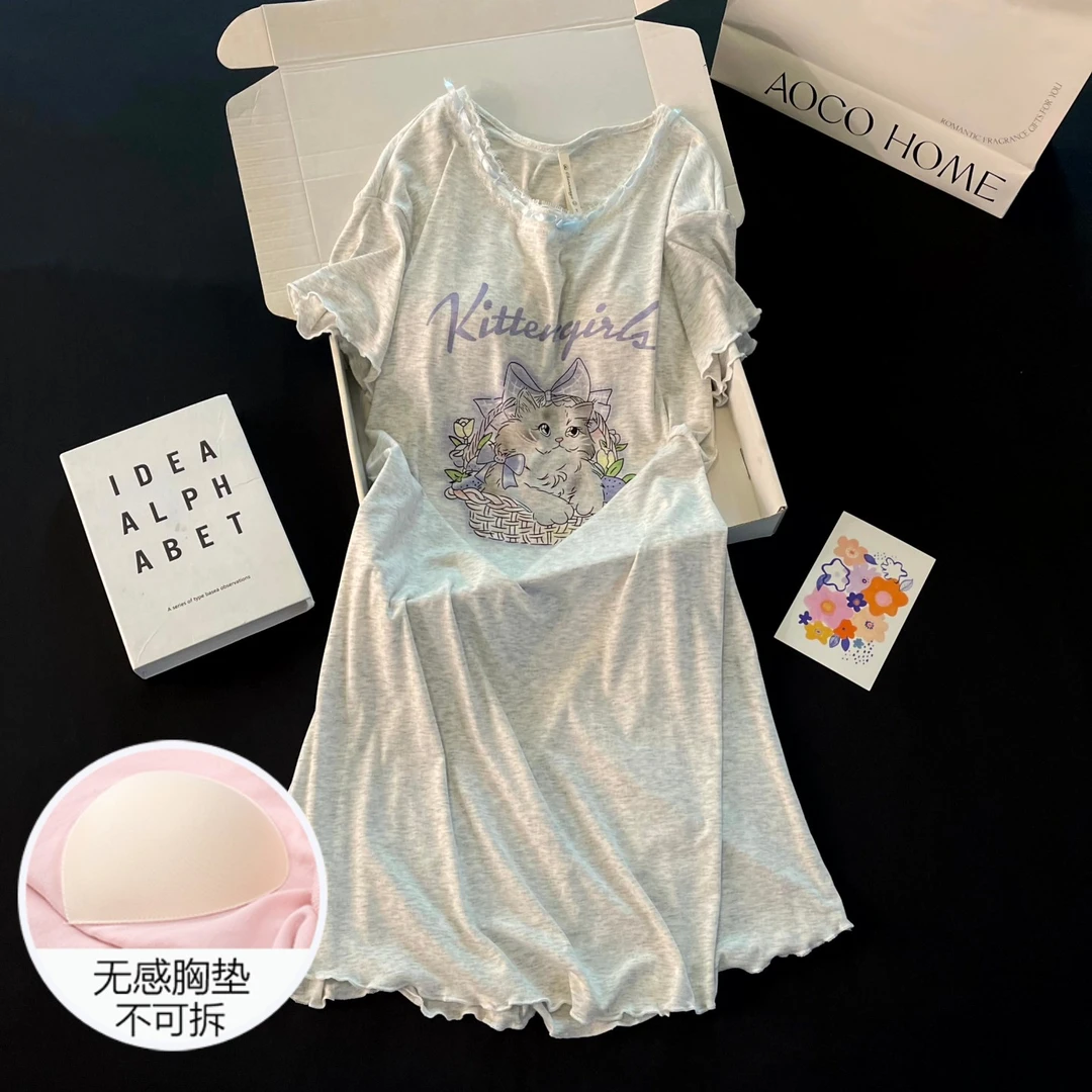 设计感睡裙女士夏季可爱短袖睡衣大码凉感带胸垫花篮猫夏天家居服