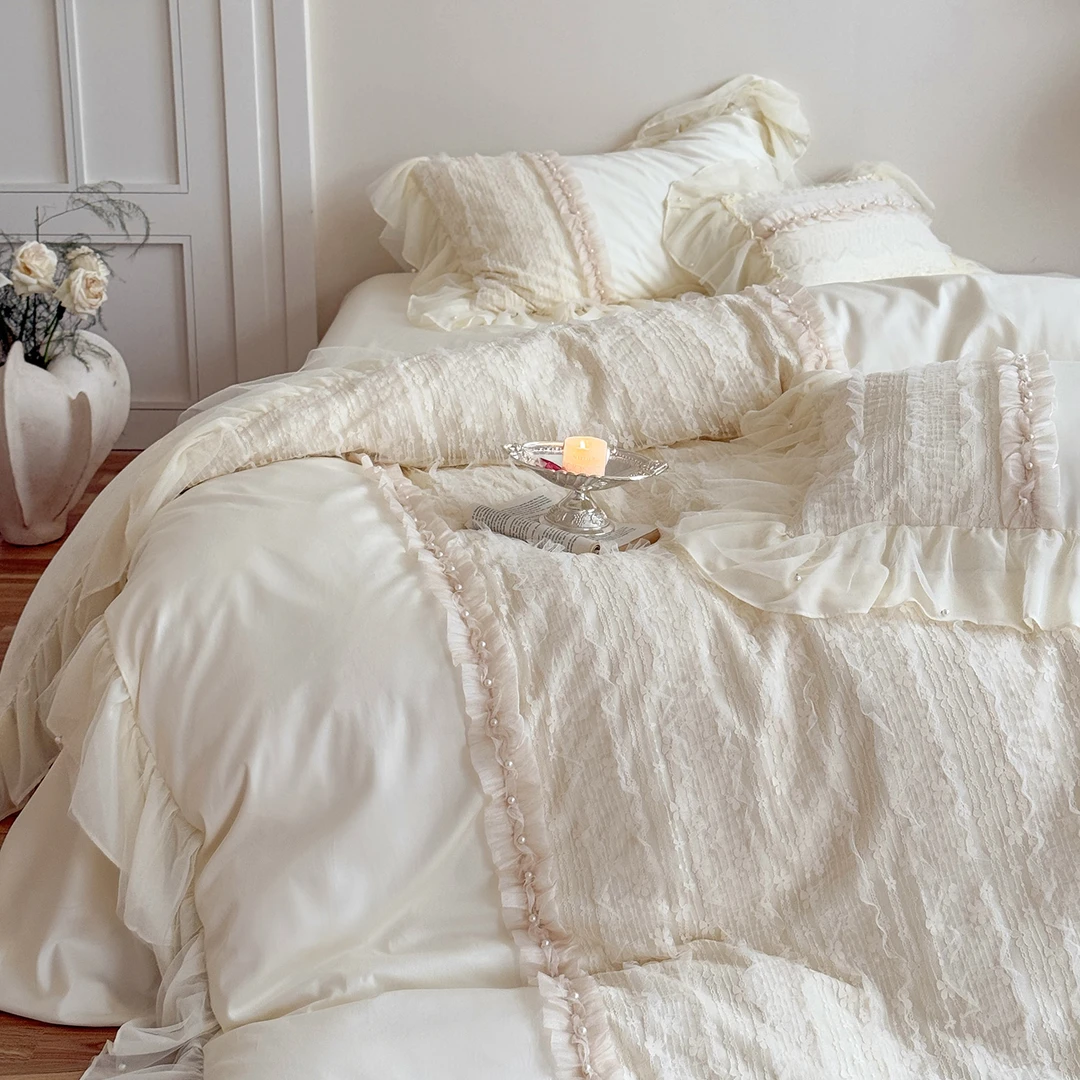 法式轻奢仙女风全棉长绒棉四件套蕾丝花边纯棉被套公主风床单床笠