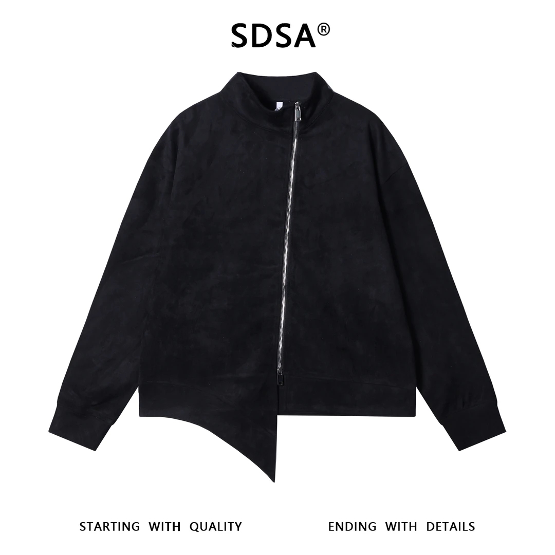 SDSA秋冬新款痞帅男装潮牌纯色绒面拉链立领卫衣下摆不规则百搭潮