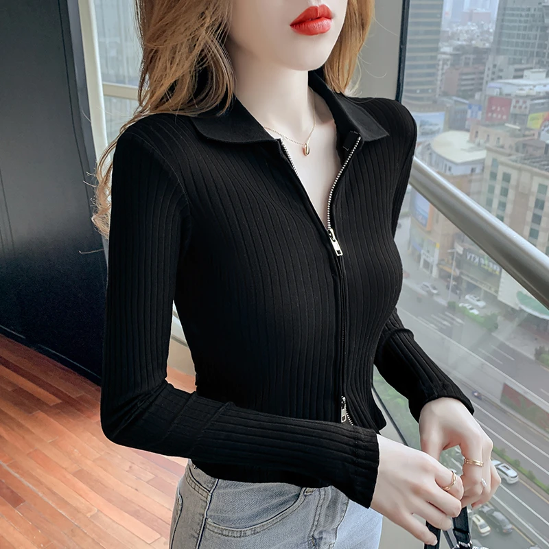 气质辣妹双拉链长袖T恤女2025秋季新款修身短款黑色针织打底上衣
