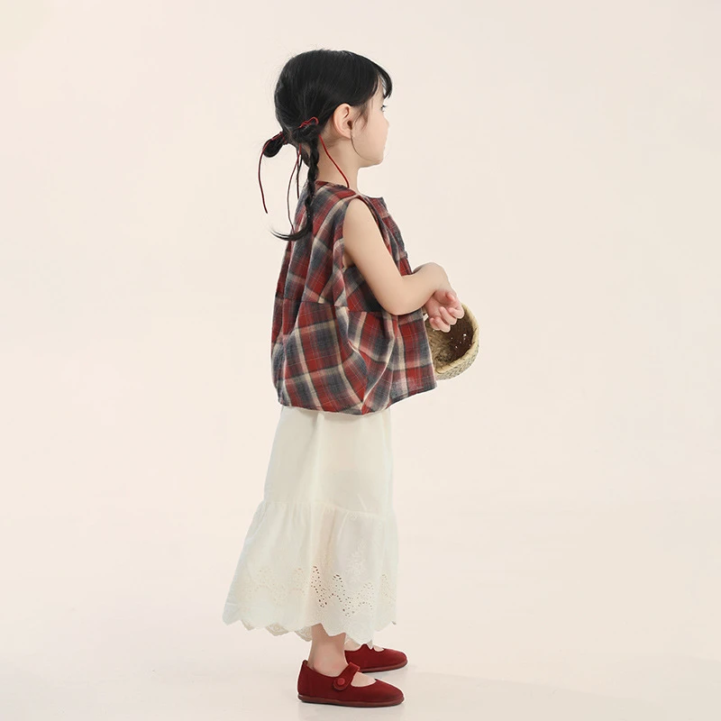 畅果童装女童套装夏装韩版格子背心阔腿裤两件套中小童女孩