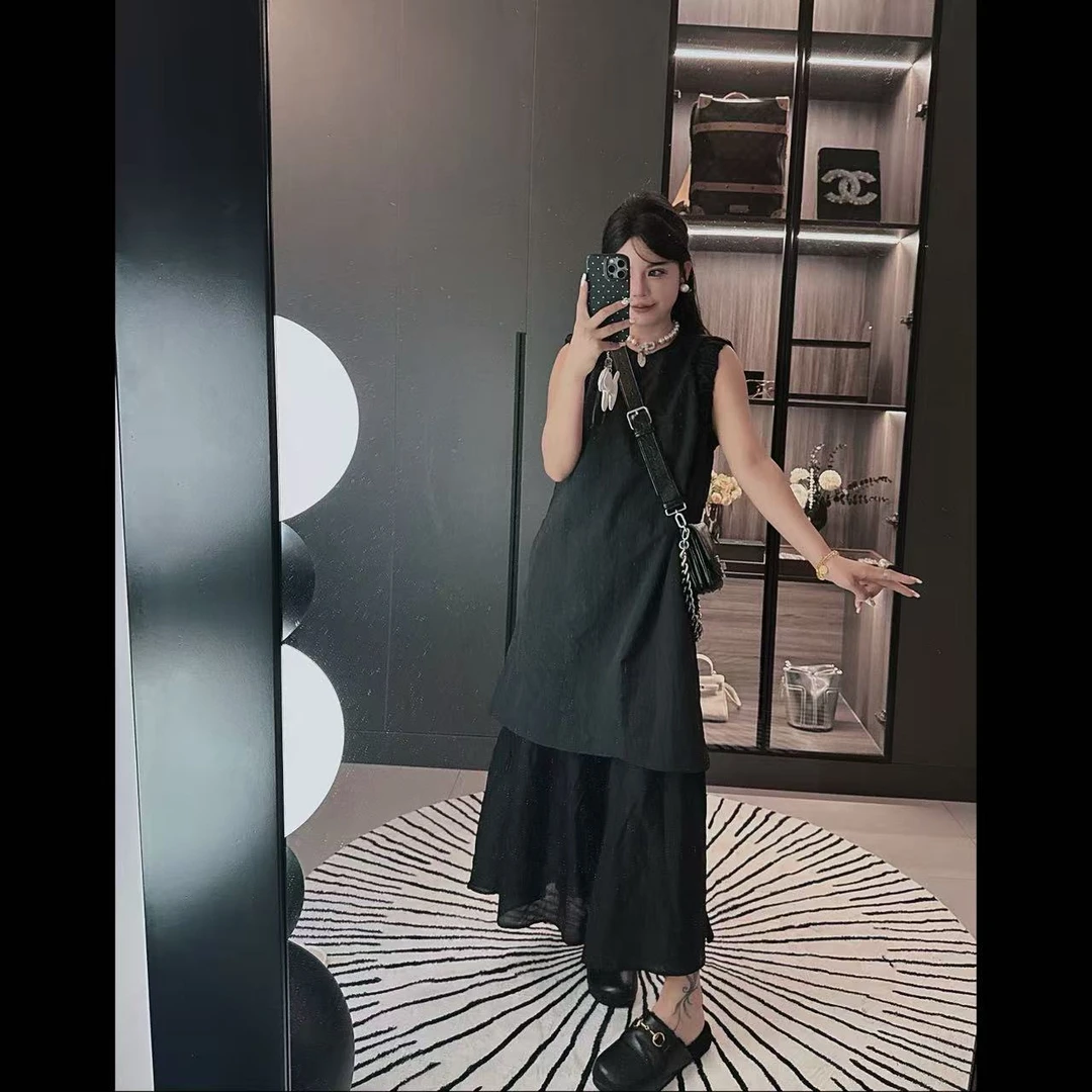 夏季老钱风无袖拼接假两件连衣裙