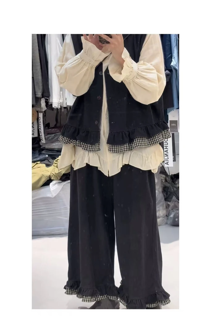 设计感格子长袖衬衫叠穿宽松马甲女秋季新款显瘦阔腿裤三件套