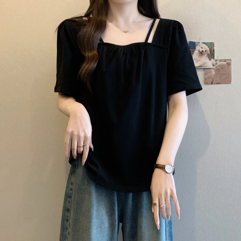 大码方领褶皱正肩短袖T恤女夏季新款微胖MM宽松显瘦百搭洋气上衣