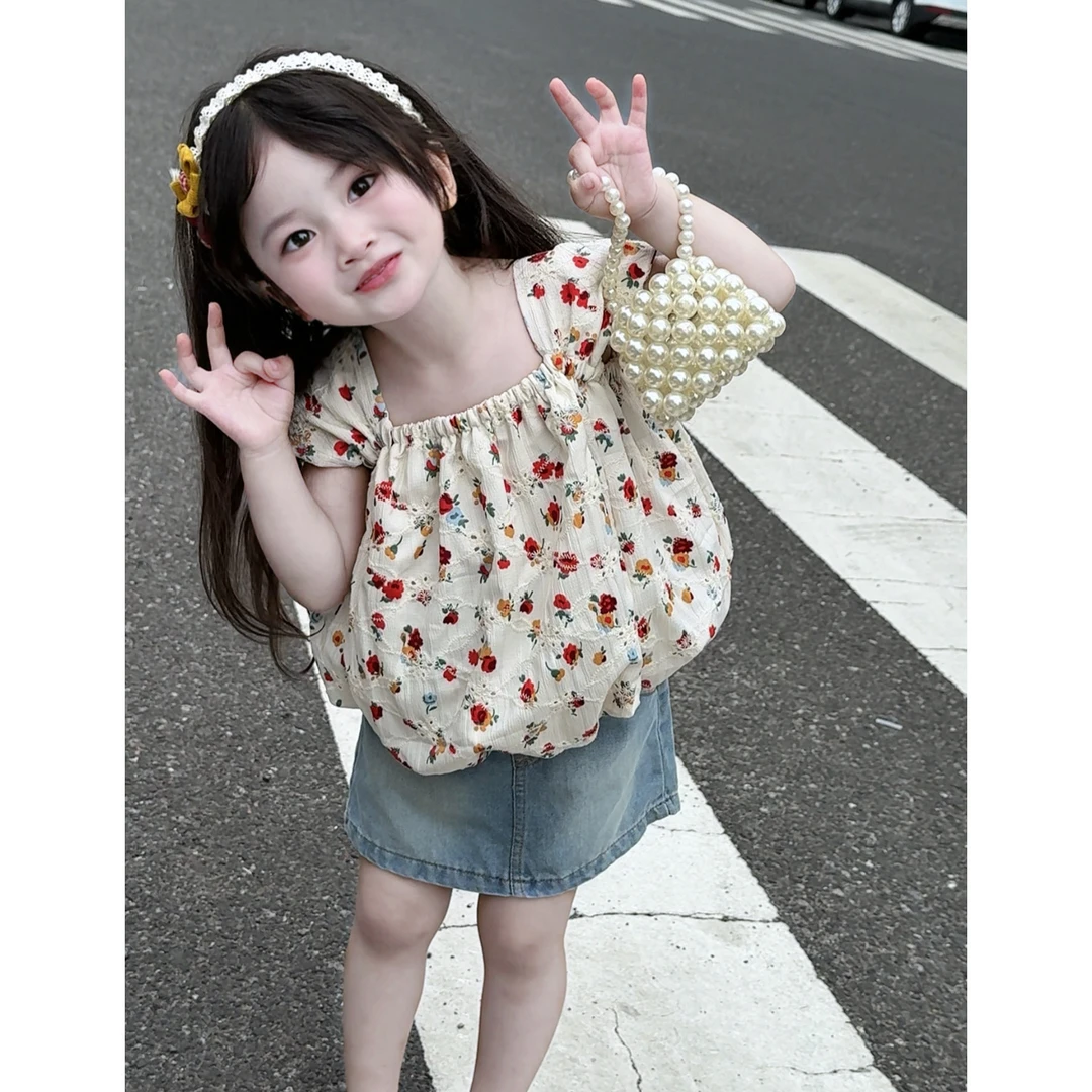 女童2025春夏新品季法式碎花背心上衣薄款牛仔裤女宝宝休闲洋气爆