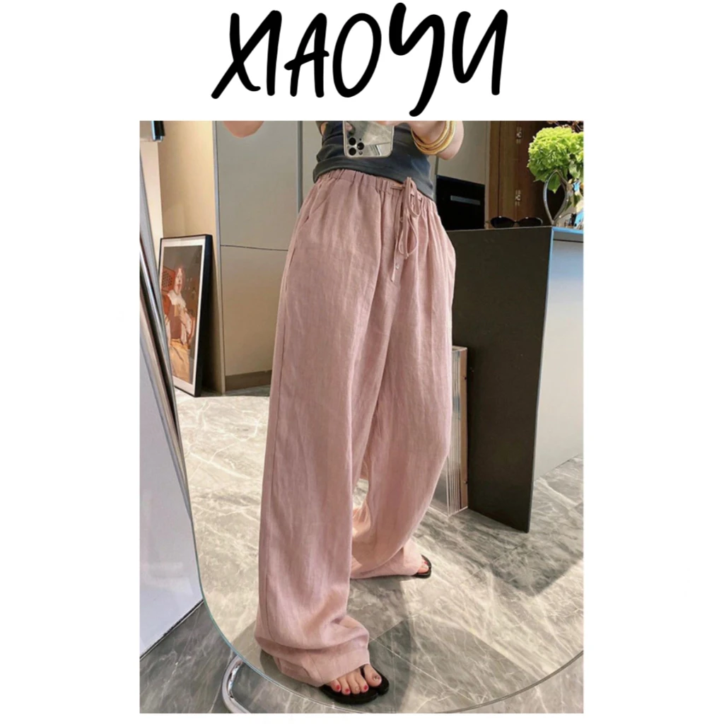 8887【四粒扣苎麻裤】S韩单薄款苎麻四粒扣高腰直筒拖地裤显瘦休闲