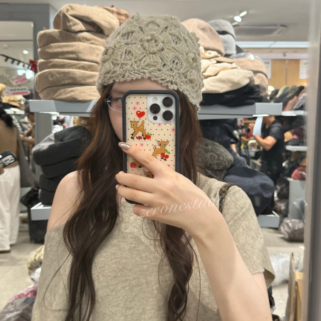 日韩甜美蕾丝镂空花朵包头帽女小众文艺时尚百搭手工钩花针织帽子