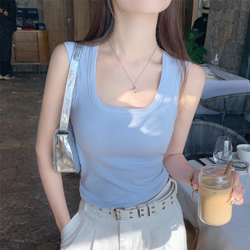 蓝色背心女夏外穿2025新款宽肩带遮副乳吊带工字无袖内搭打底上衣