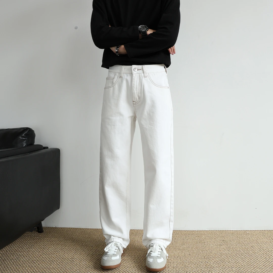 男款白色牛仔裤cleanfit休闲百搭美式简约潮流宽松垂感直筒长裤男