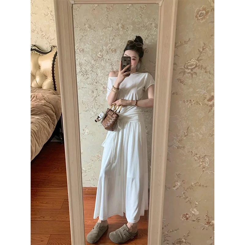 2025夏季新款韩穿搭斜肩性感短袖不规则上衣高腰休闲半身裙两件套