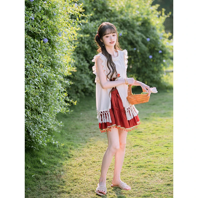 南风谷【山茶记】气质山茶花2025夏季新款国风长流苏刺绣上衣套装