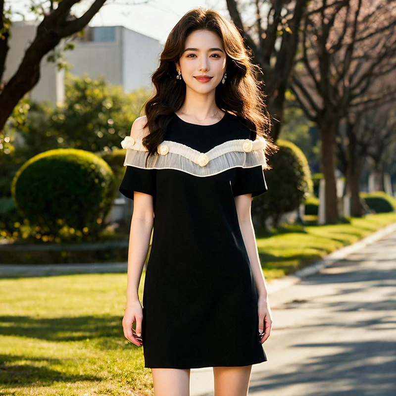 奢姿大码女装2025夏季立体花朵减龄连衣裙胖妹妹露肩设计时尚裙子