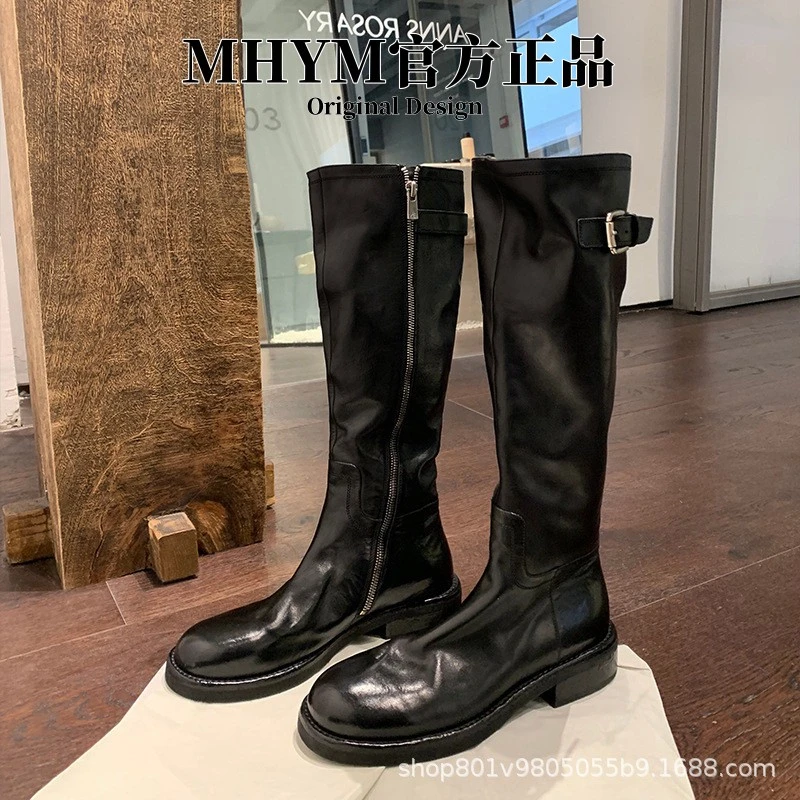 MH官方真皮褶皱复古高筒骑士靴女厚底粗跟圆头侧拉链不过膝长靴