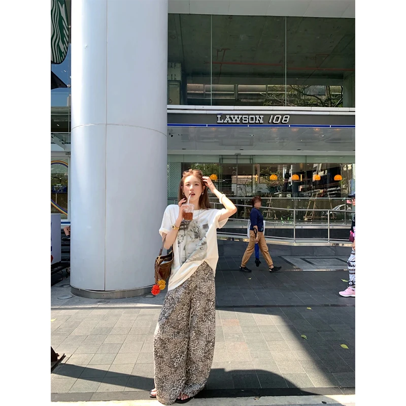 复古圆领短袖印花T恤上衣2025夏季新款豹纹百搭显瘦休闲阔腿长裤