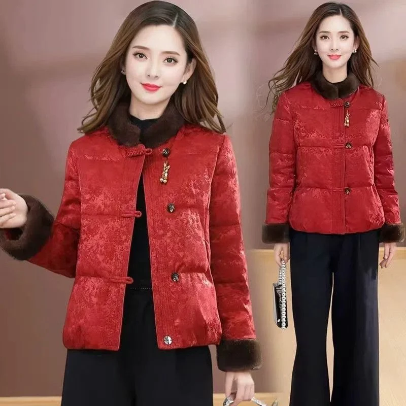 高级感新年红国风立领棉服外套女款冬季时尚气质中年妈妈加厚棉衣