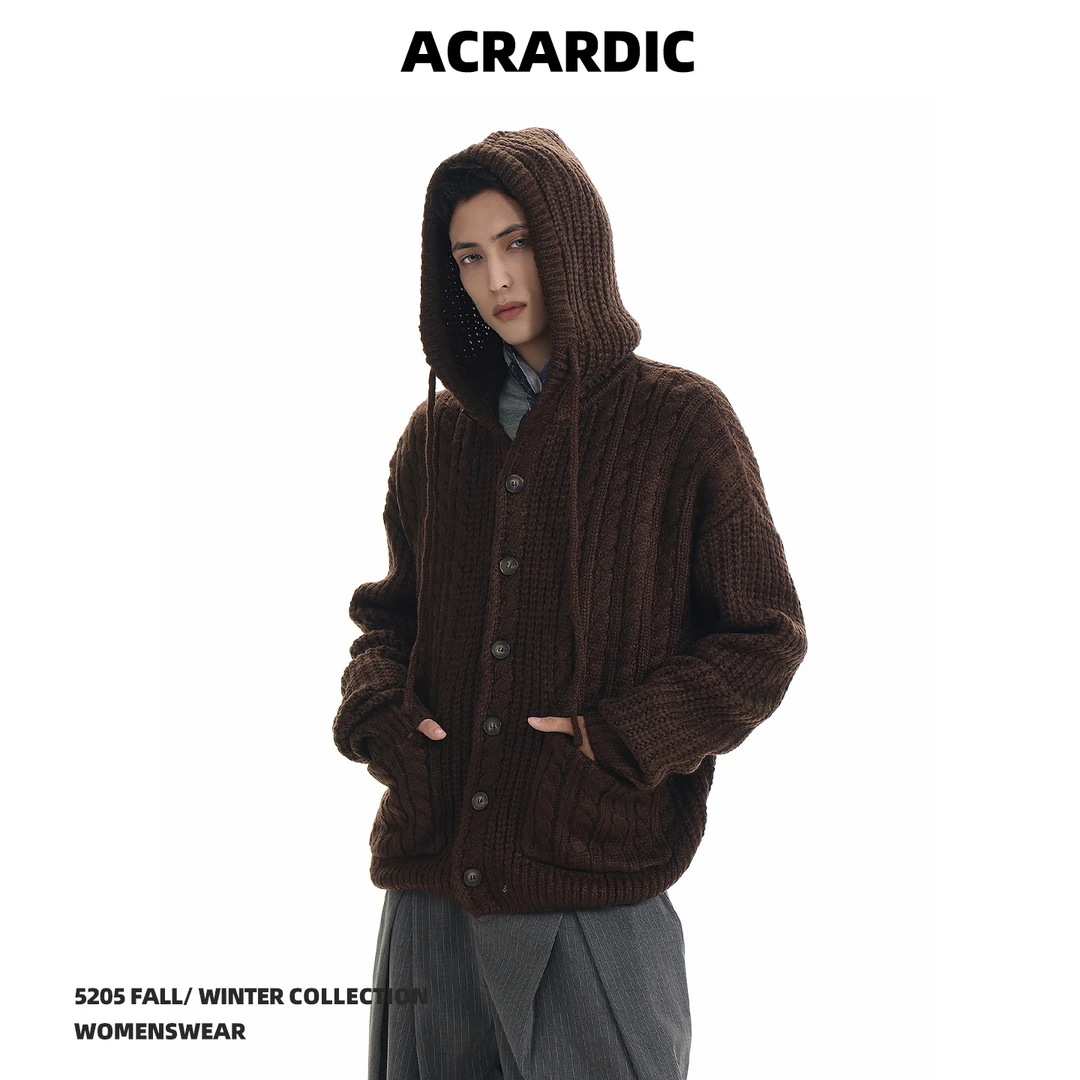 ACRARDIC秋冬美式老钱风麻花纹连帽毛衣男复古慵懒保暖开衫针织衫