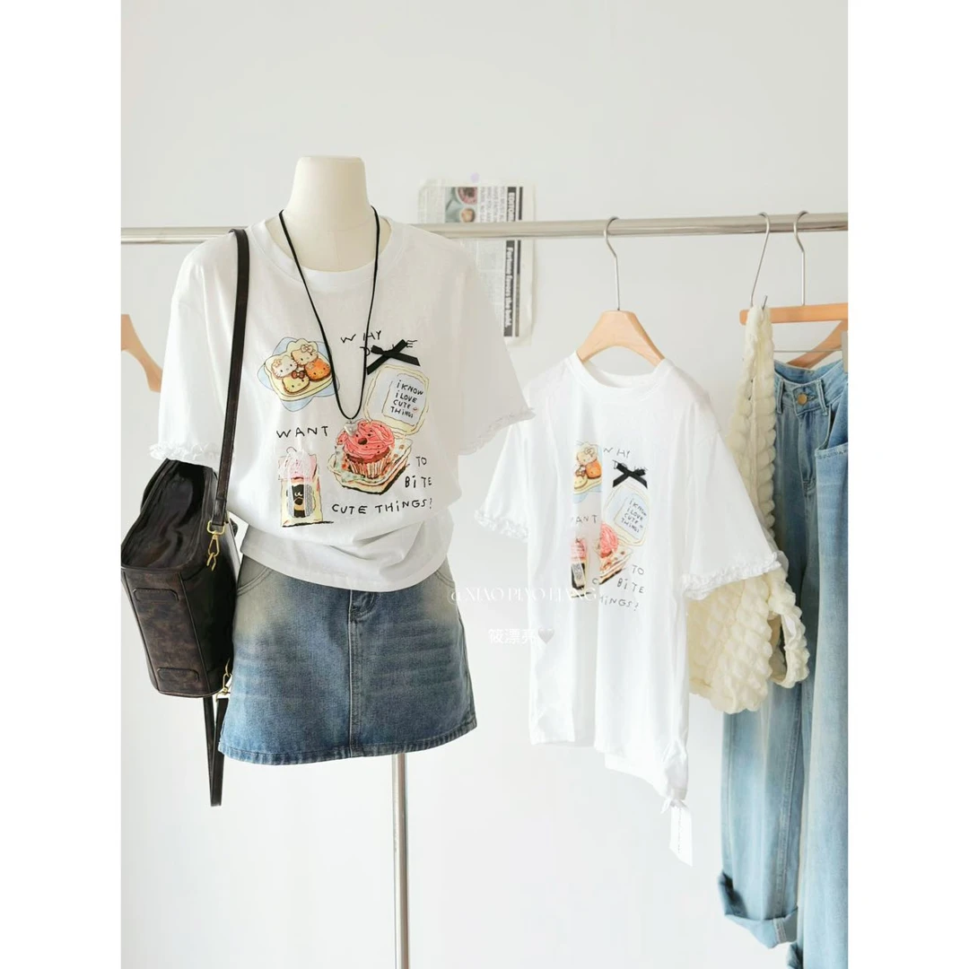 2025夏季时尚甜美减龄卡通可爱T恤花边设计感百搭短袖上衣T75#0.1