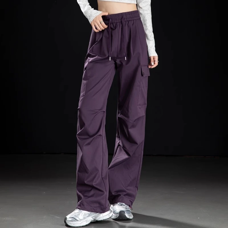 紫色工装裤女款爆款2025新款早秋穿搭抽绳束脚显瘦出游阔腿运动裤