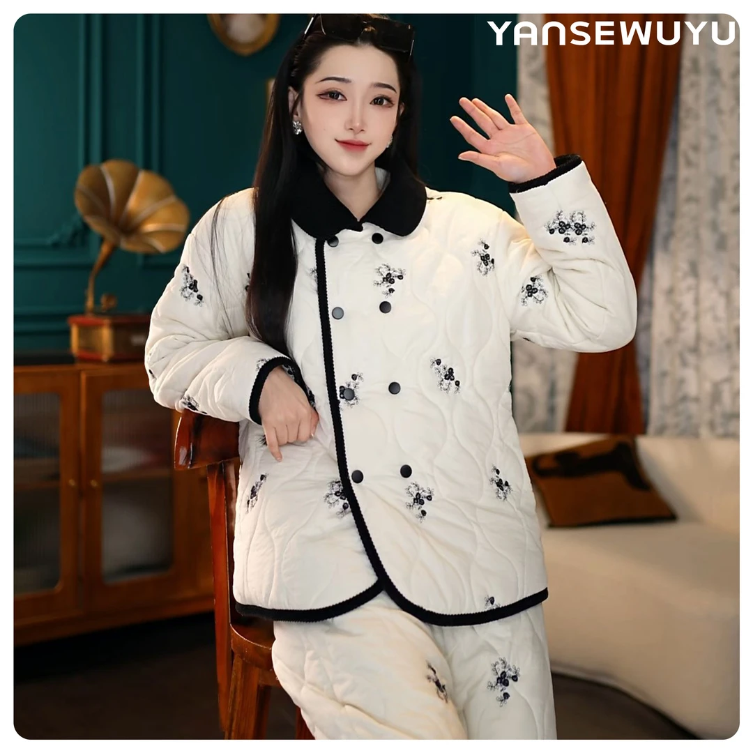 【秀影雪绒系列02】-短双排扣-翻领睡衣冬季加厚三层夹绵时尚可外穿