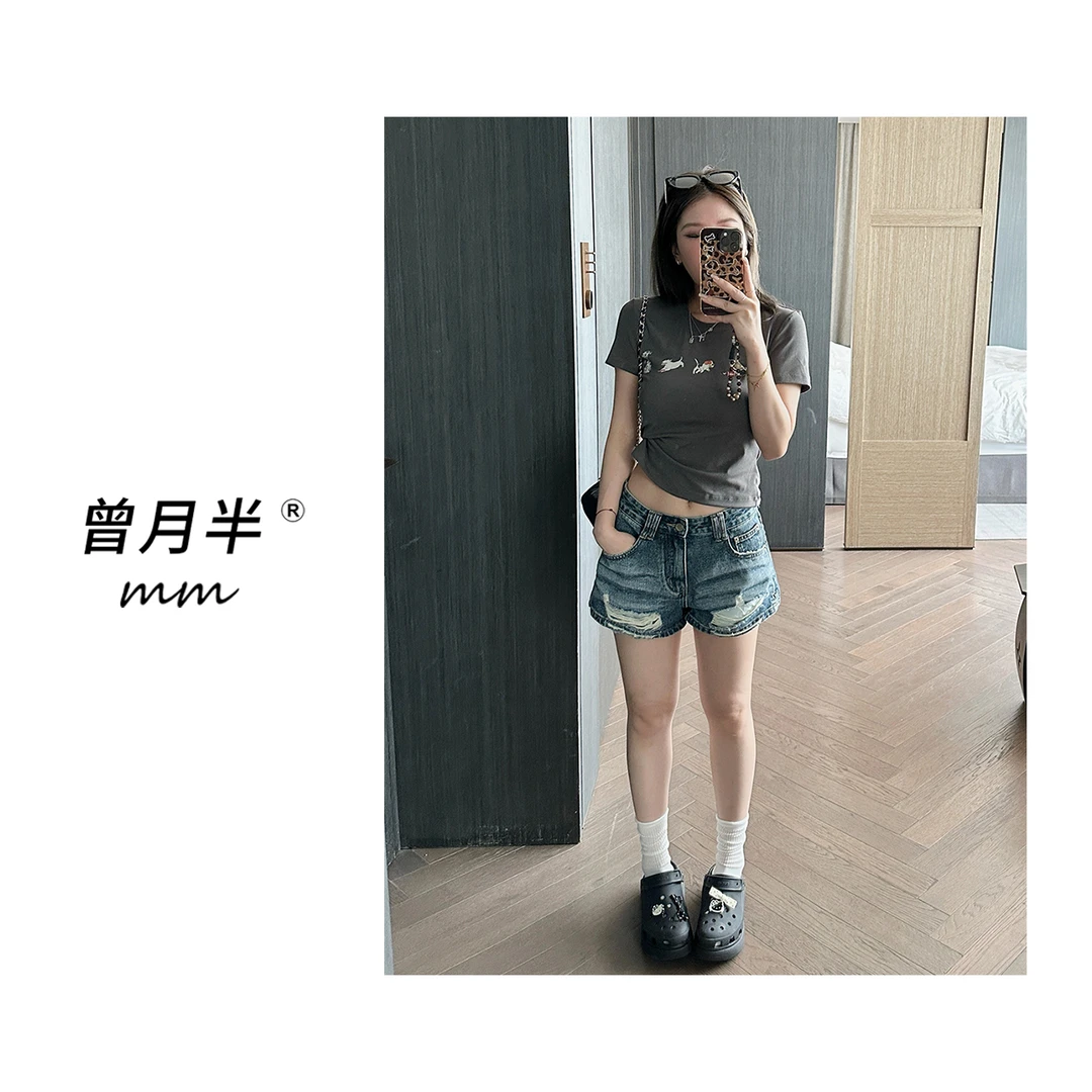 曾月半《科切拉热裤》水洗做旧破洞牛仔A字内衬短裤！zk412