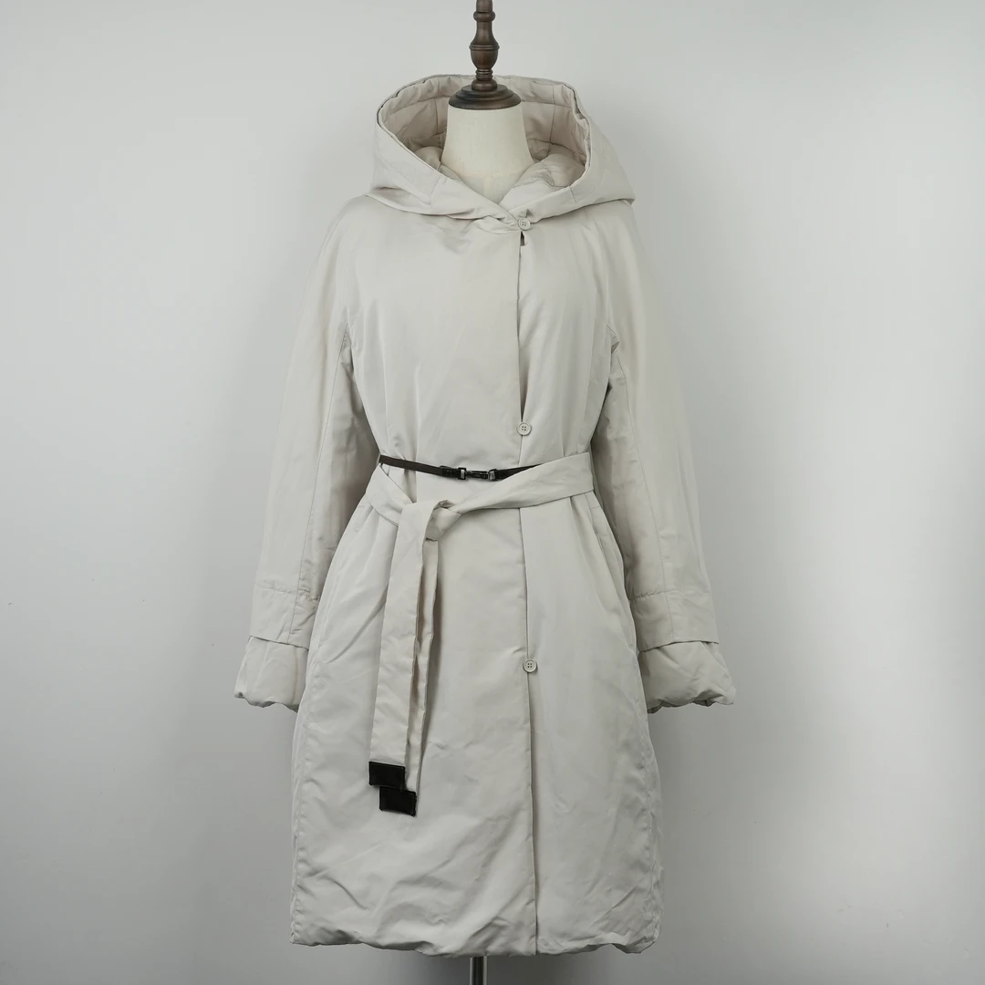 99新 MaxMara 灰鹅绒/25120413连帽羽绒服外套40码中长款收腰冬季
