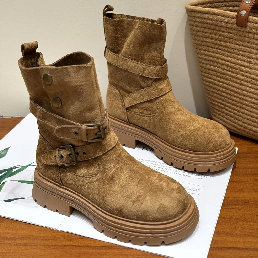 网红复古绒面西部牛仔短靴女2025新款秋季厚底时髦绒面百搭马丁靴