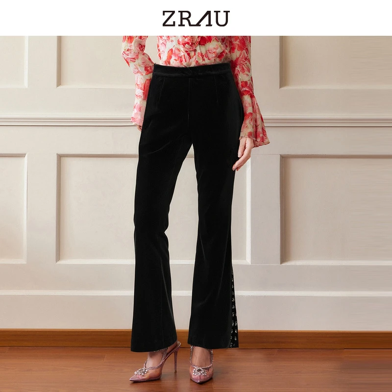 【达人专属】ZRAU秋冬款轻奢复古丝绒喇叭裤91150441003
