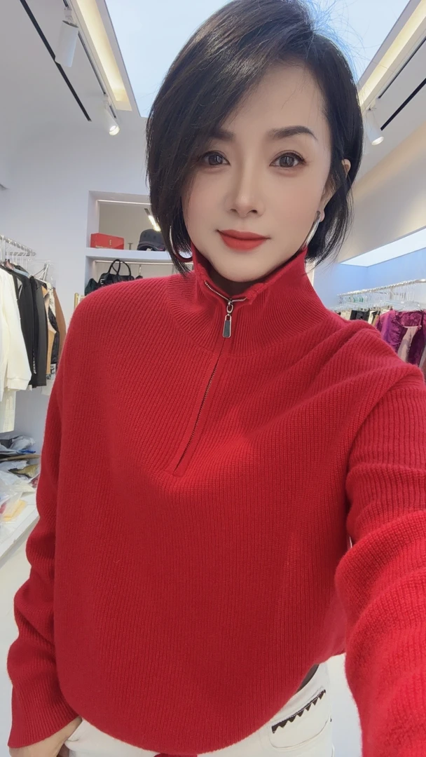 毛衣针织女立领常规款上衣休闲红色打底衫套头百搭绒衫时尚