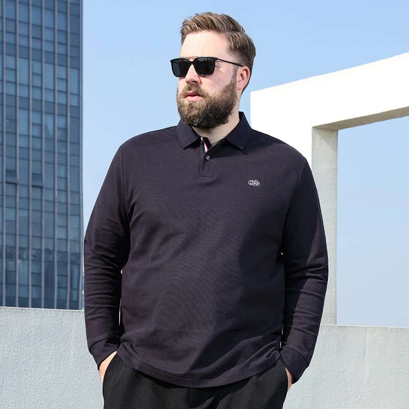 百胜狐大码男装T恤2025春秋肥佬商务休闲宽松polo衫长袖翻领上衣