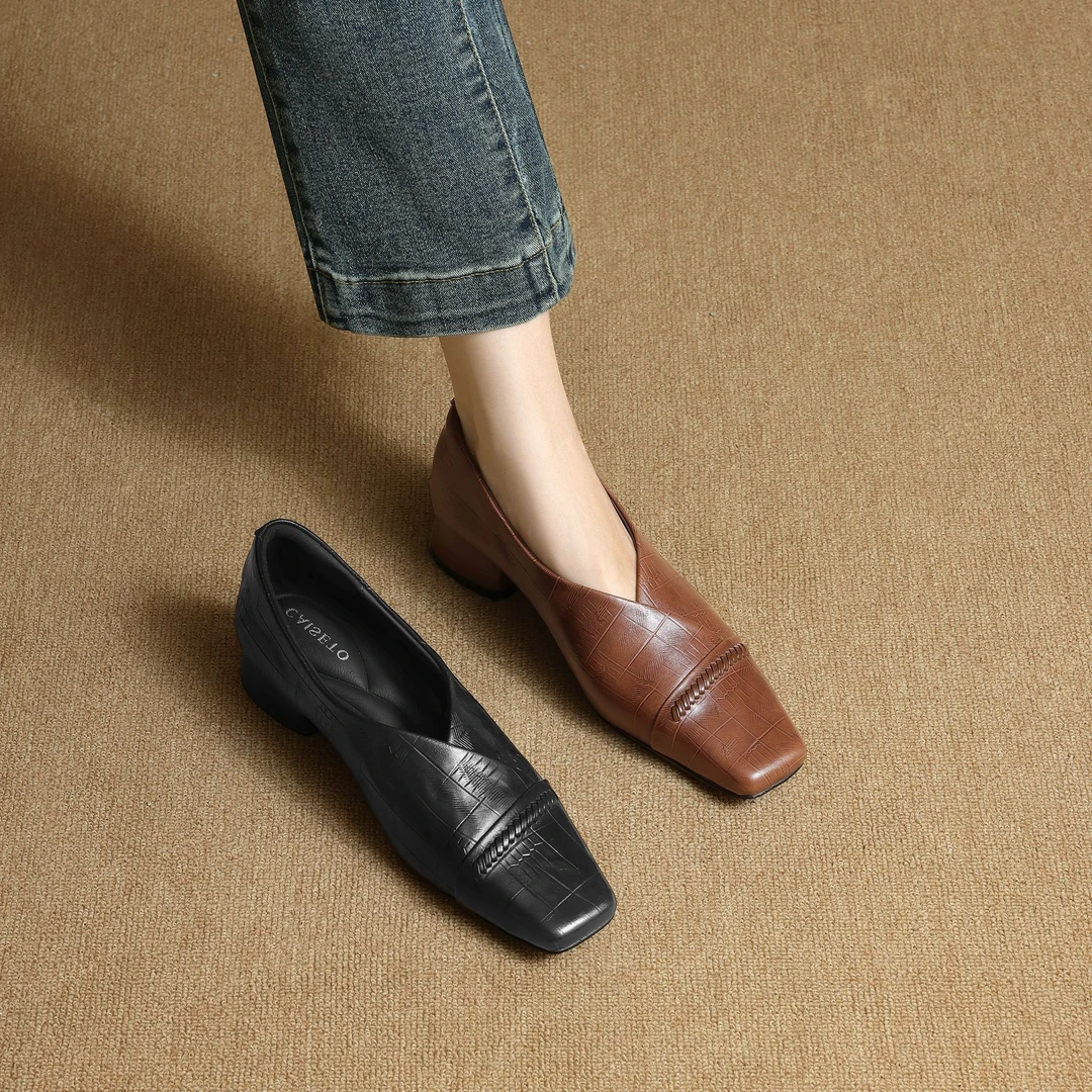 CAISETO 头层牛皮/3.5cm 新款方头时尚编织软底舒适真皮单鞋D520