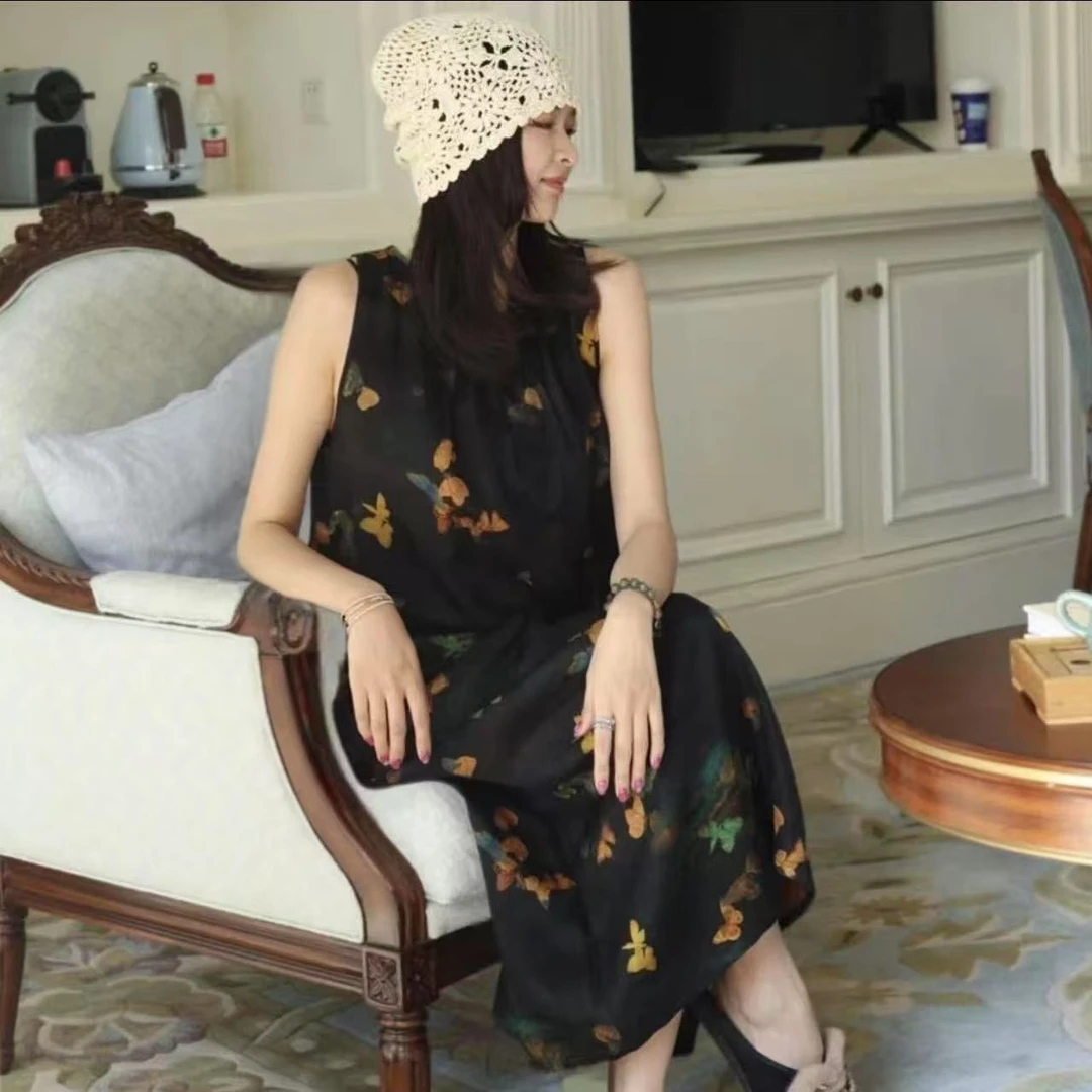 6A级时尚蝶恋花萝提花背心裙-B0307007