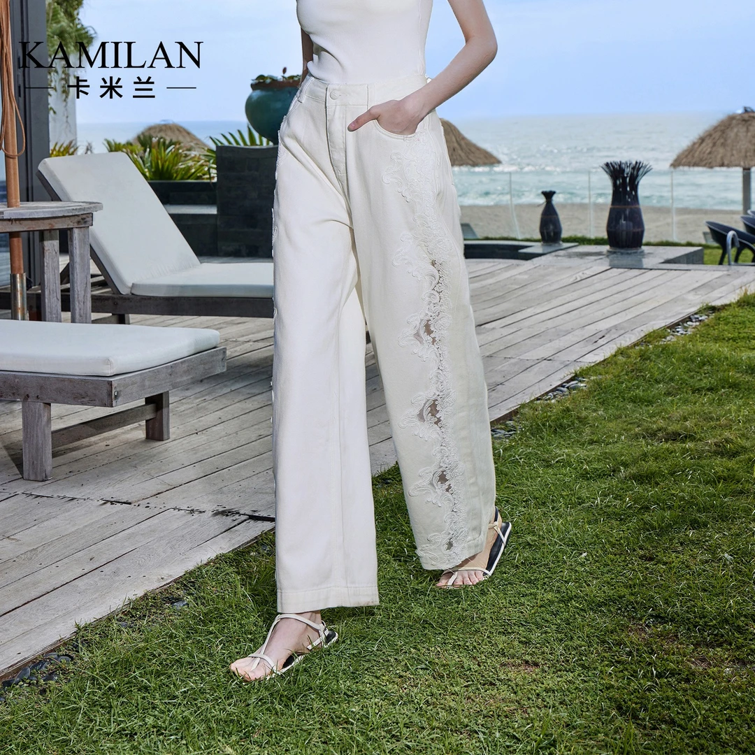 卡米兰法式镂空休闲裤女夏2025新款直筒长裤高级刺绣纯棉阔腿裤子