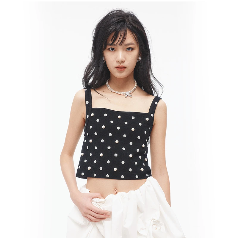 LE FAME/拉飞姆2025夏季新品百搭黑白波点针织吊带修身