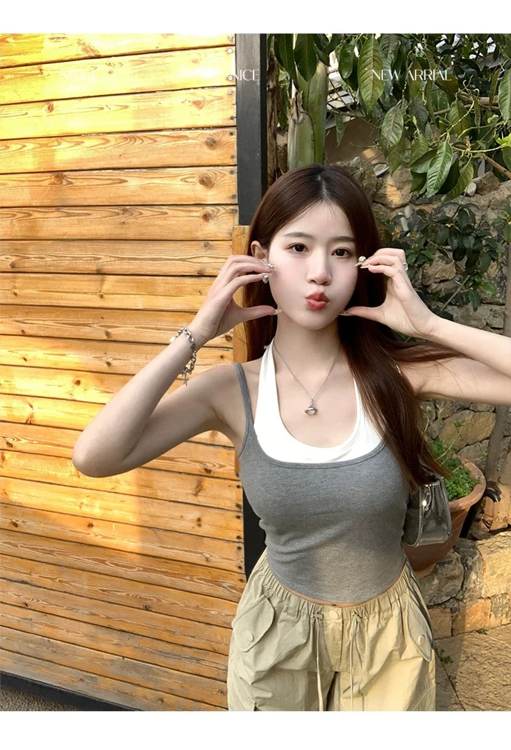 夏季新款假两件百搭显瘦挂脖吊带背心撞色修身透气内搭舒适女