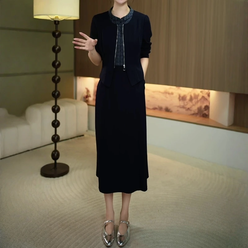 大码女装格纹拼接连衣裙2025早秋新款胖MM宽松休闲显瘦遮肉中长裙