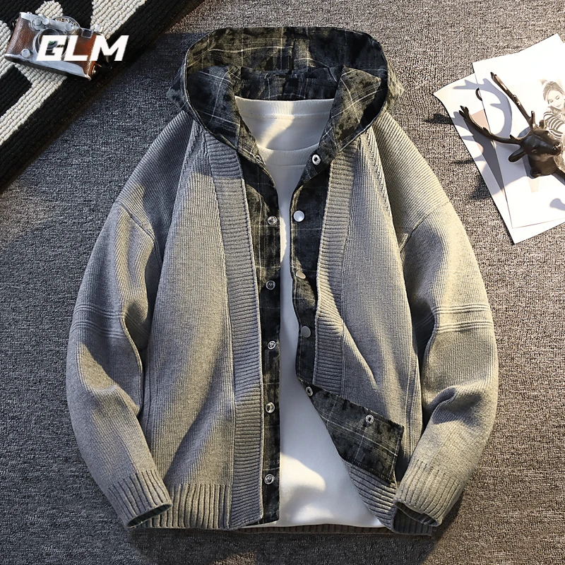 GLM撞色拼接针织开衫男士秋冬季高端假两件连帽宽松休闲毛衣外套