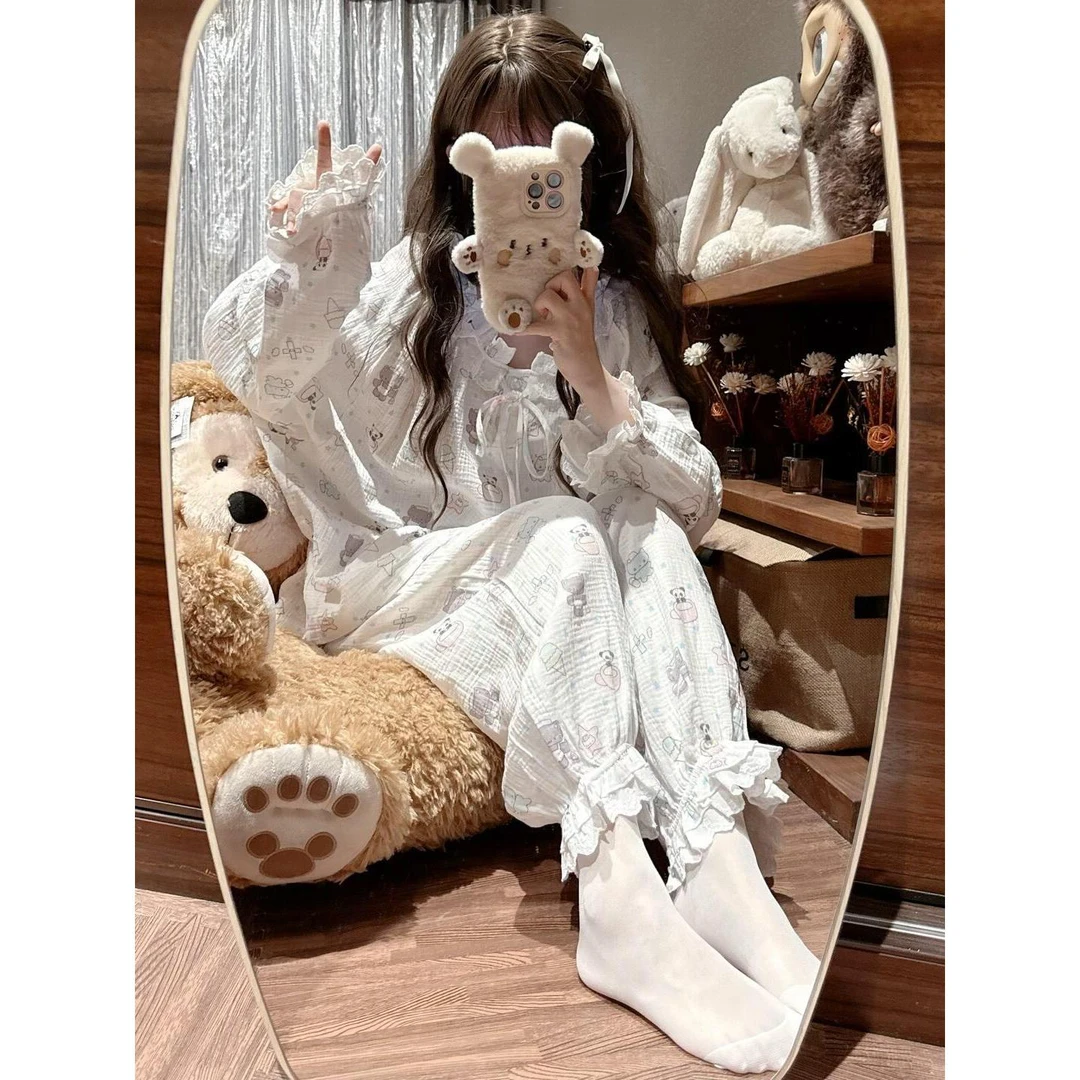 甜美设计感棉纱拼接花边长袖睡衣女款秋季新款显瘦长裤套装可外穿