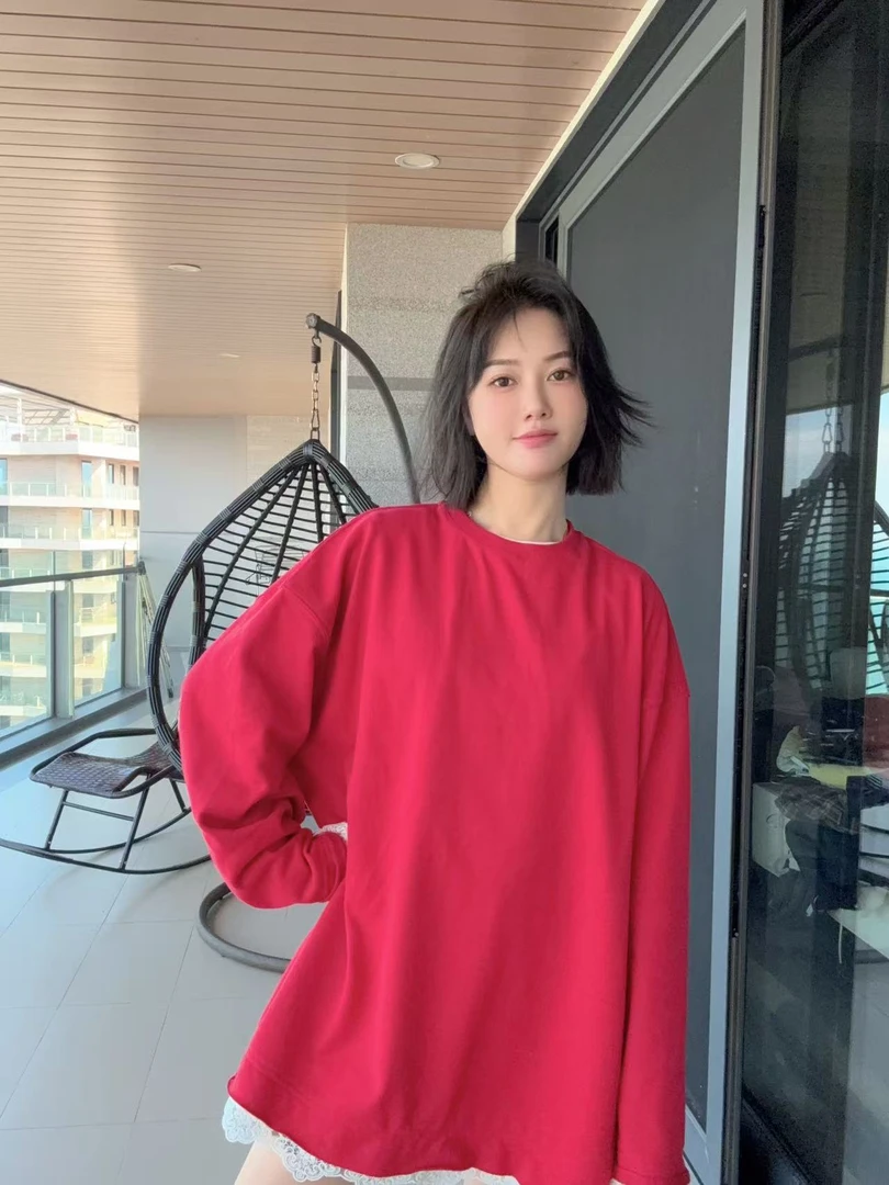 [Janunes Liu] 2025新春款 毛线圈蕾丝拼接圆领宽松卫衣WY1697