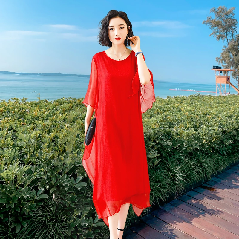 红色真丝连衣裙女中长款2025年新款妈妈夏装重磅桑蚕丝沙滩裙子