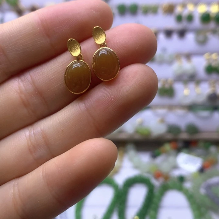 和田玉银S925镶嵌耳饰